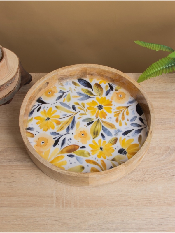 Поднос круглый с бортиками «Желтые и синие цветы», 35×35×6.5 см, дерево манго Поднос круглый с бортиками «Желтые и синие цветы», 35×35×6.5 см, дерево манго
