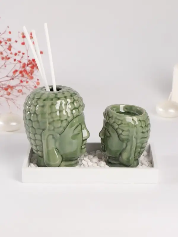 Набор: диффузор для эфирных масел, подсвечник на 1 свечу, аромапалочки 3 шт., сад камней &laquo;Будды&raquo;, керамика, 9&times;17&times;10.5 см