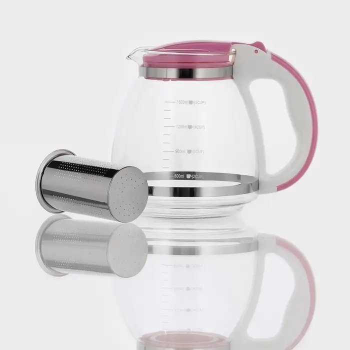 Заварочный чайник, 1.5 л, с металлическим ситом, стекло, МИКС