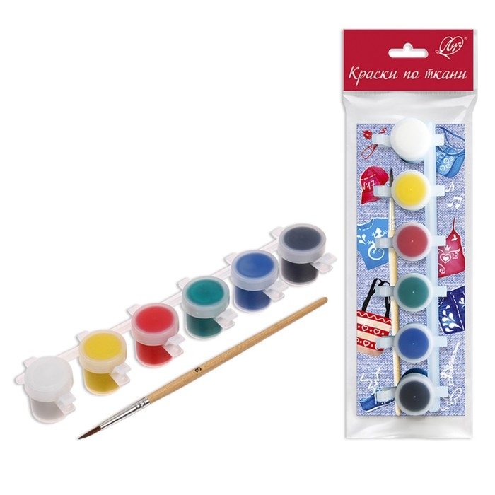 Краска по ткани, набор 6 цветов х 5 мл, Луч, акриловая на водной основе, с кистью Краска по ткани, набор 6 цветов х 5 мл, Луч, акриловая на водной основе, с кистью
