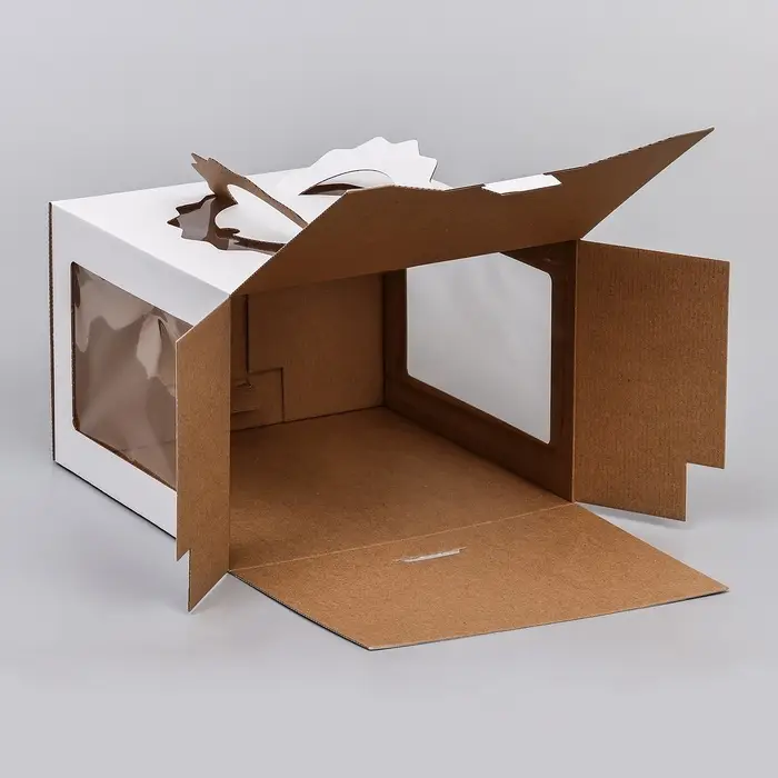 Коробка под торт 3 окна, с ручками, белая, 28&times;28&times;20 см