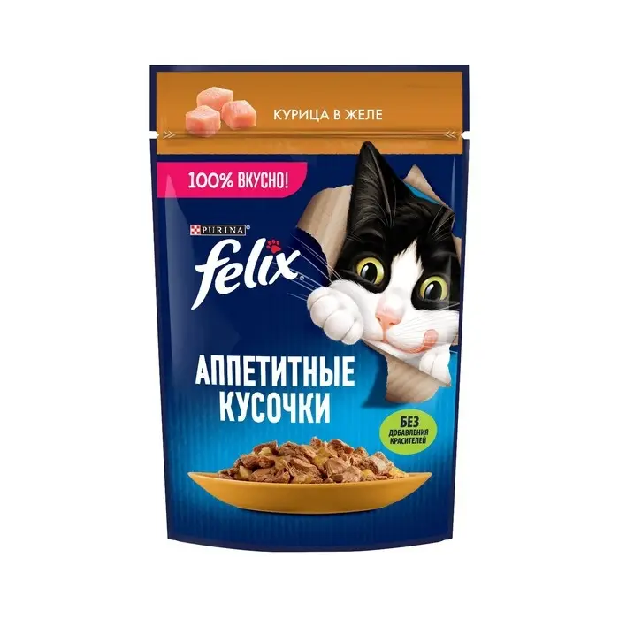 Влажный корм Felix аппетитные  кусочки для кошек, курица в желе, 75 г Влажный корм Felix аппетитные  кусочки для кошек, курица в желе, 75 г