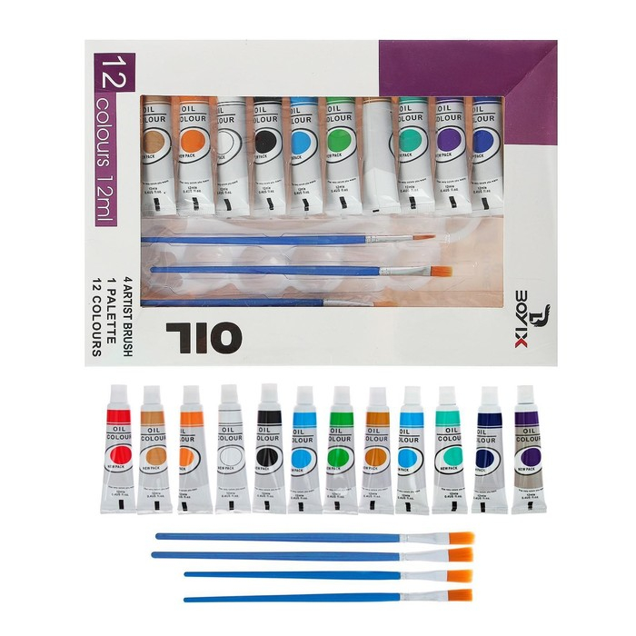 Краски масляные, 12 цветов, в пластиковой тубе, 12 мл, в картонной коробке, 4 кисти, палитра Краски масляные, 12 цветов, в пластиковой тубе, 12 мл, в картонной коробке, 4 кисти, палитра