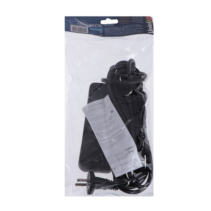 Удлинитель Uniel Standart, 3 розетки, 5 м, 10 А, 2500 Вт, без з/к, черный Удлинитель Uniel Standart, 3 розетки, 5 м, 10 А, 2500 Вт, без з/к, черный