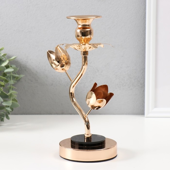 Подсвечник металл, акрил на 1 свечу  Подсвечник металл, акрил на 1 свечу "Золотые тюльпаны" d=2-6 см 10х10х22,5 см