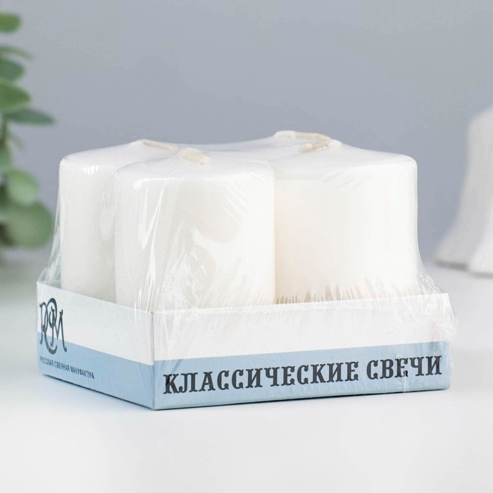 Набор свечей-цилиндров  Набор свечей-цилиндров "Интерьерный", 4 шт, 6х4 см, 10 ч, белый