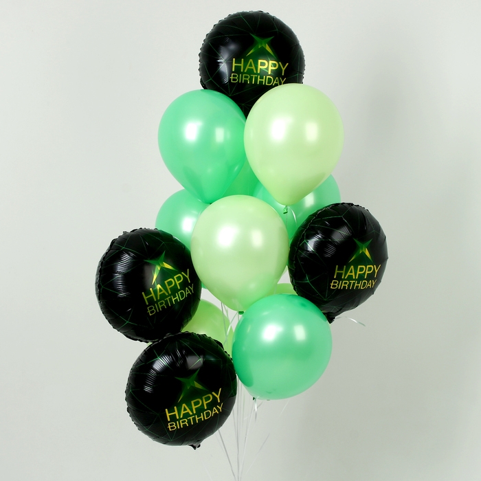 Набор воздушных шаров &laquo;Happy birthday&raquo;, чёрно-зелёный, фольга, латекс, 14 шт.