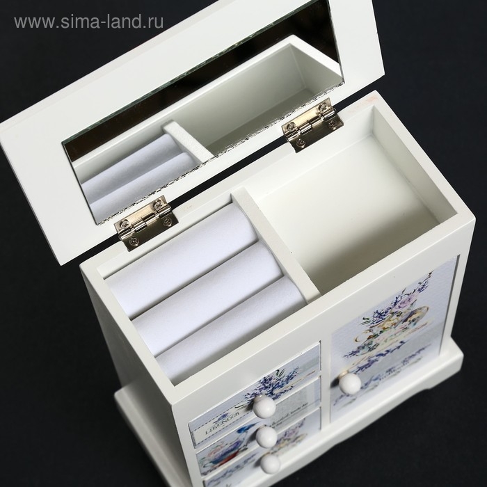 Шкатулка дерево комод 3 ящика+дверка "Синяя птица и лаванда" 19х16х8 см