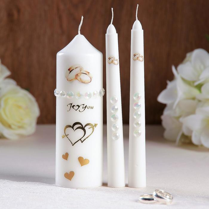 Набор свадебных свечей с бусинами  Набор свадебных свечей с бусинами "Обручальные кольца", белый, ручная работа, микс