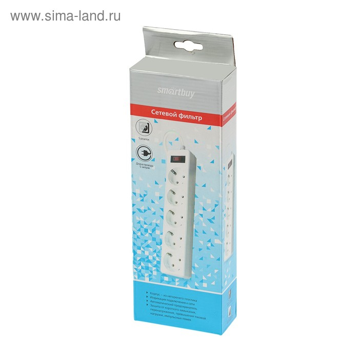 Сетевой фильтр Smartbuy, 5 розеток, 5 м, 10 А, 2200 Вт, с з/к, белый Сетевой фильтр Smartbuy, 5 розеток, 5 м, 10 А, 2200 Вт, с з/к, белый