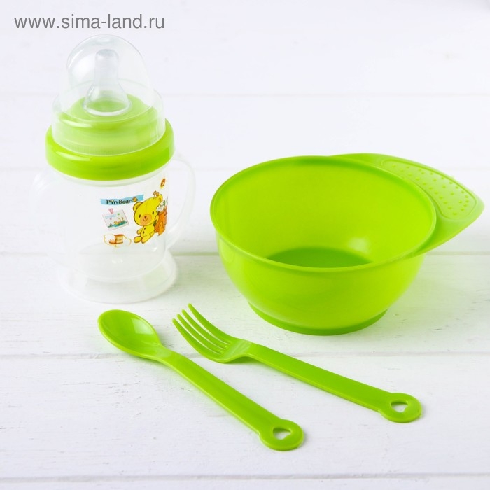 Набор детской посуды, 4 предмета: миска 300 мл, бутылочка для кормления 180 мл, ложка, вилка, цвета МИКС Набор детской посуды, 4 предмета: миска 300 мл, бутылочка для кормления 180 мл, ложка, вилка, цвета МИКС