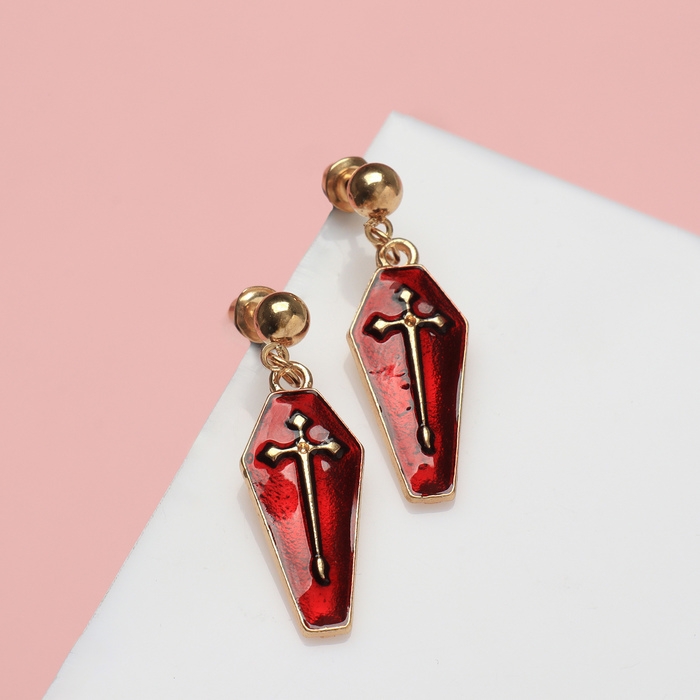 Серьги «Гробики» с крестами, цвет бордовый в золоте Серьги «Гробики» с крестами, цвет бордовый в золоте