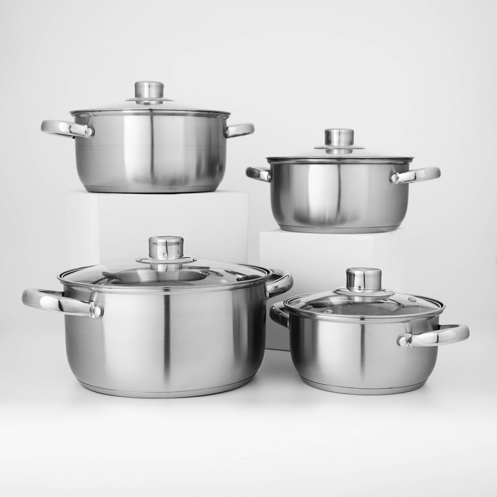 Набор кастрюль из нержавеющей стали Доляна «Гретте», 4 предмета: 1,5 л, 2 л, 3 л, 4 л, d=16/18/20/22 см, крышки, индукция Набор кастрюль из нержавеющей стали Доляна «Гретте», 4 предмета: 1,5 л, 2 л, 3 л, 4 л, d=16/18/20/22 см, крышки, индукция