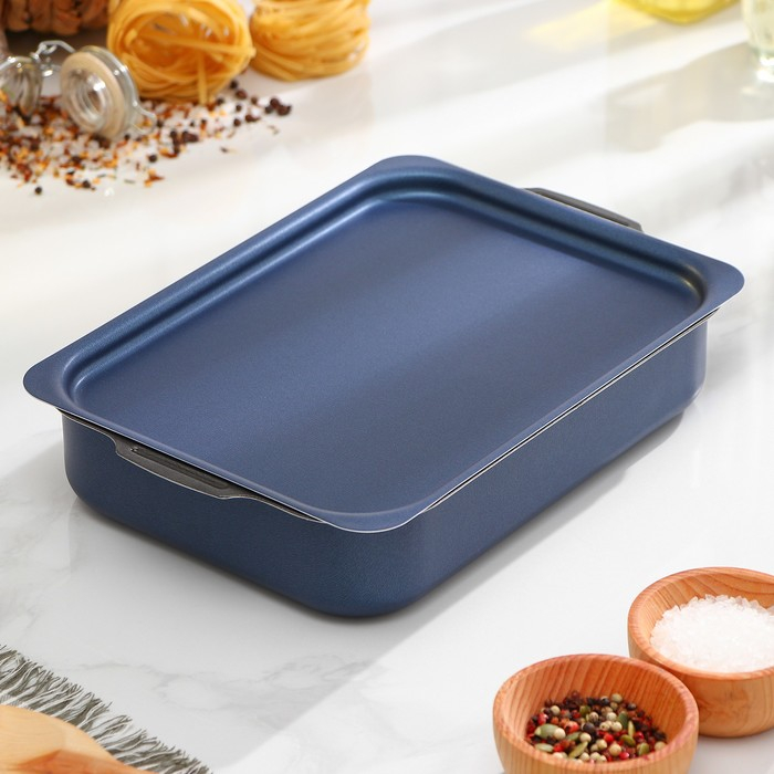 Противень прямоугольный, 19×25 см, h= 6 см, с крышкой, антипригарное покрытие, цвет синий Противень прямоугольный, 19×25 см, h= 6 см, с крышкой, антипригарное покрытие, цвет синий