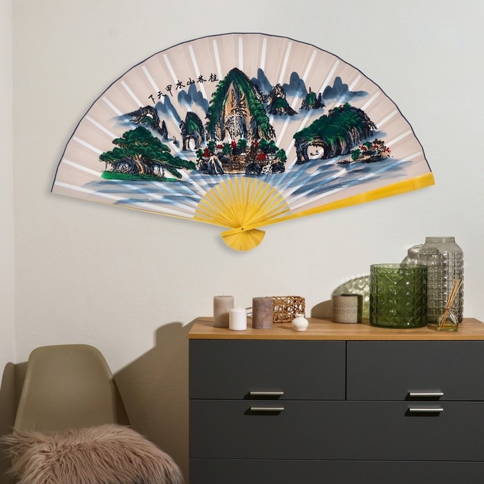 Веер бамбук, текстиль h=90 см  Веер бамбук, текстиль h=90 см "Зелёные горы" белый