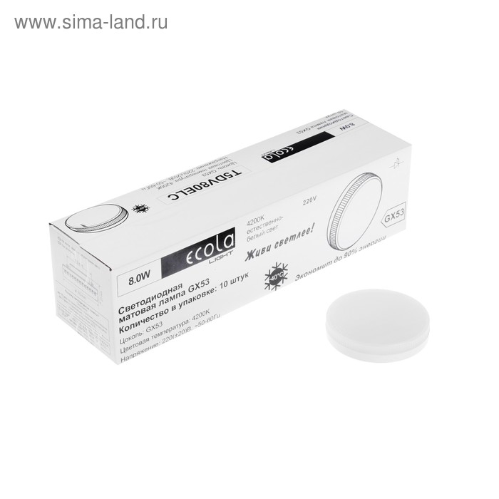 Лампа светодиодная Ecola Light, 8 Вт, GX53, 4200 K, 27x75 мм, матовое стекло Лампа светодиодная Ecola Light, 8 Вт, GX53, 4200 K, 27x75 мм, матовое стекло