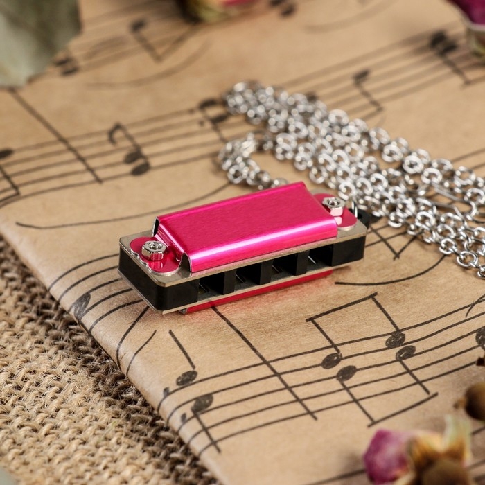 Губная гармошка Music Life 4 отверстия, 8 тонов, 3,5х1,5х1см, цепь 28см, розовая Губная гармошка Music Life 4 отверстия, 8 тонов, 3,5х1,5х1см, цепь 28см, розовая