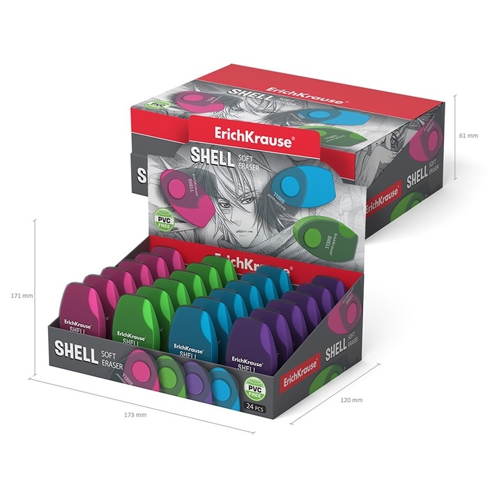 Ластик в пластиковом футляре ErichKrause Shell, мягкий, гипоаллергенный, МИКС Ластик в пластиковом футляре ErichKrause Shell, мягкий, гипоаллергенный, МИКС