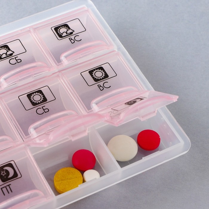 Таблетница органайзер«Утро, день, вечер», 21 секция, русские буквы, розовая. Таблетница органайзер«Утро, день, вечер», 21 секция, русские буквы, розовая.