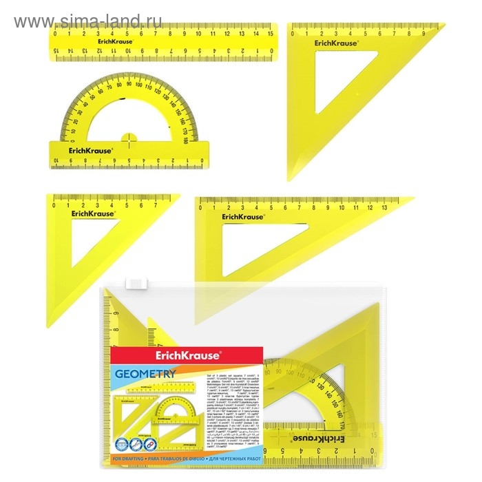 Набор геометрический малый ErichKrause Neon (угольник- 3 штуки, линейка - 15 см, транспортир), жёлтый Набор геометрический малый ErichKrause Neon (угольник- 3 штуки, линейка - 15 см, транспортир), жёлтый