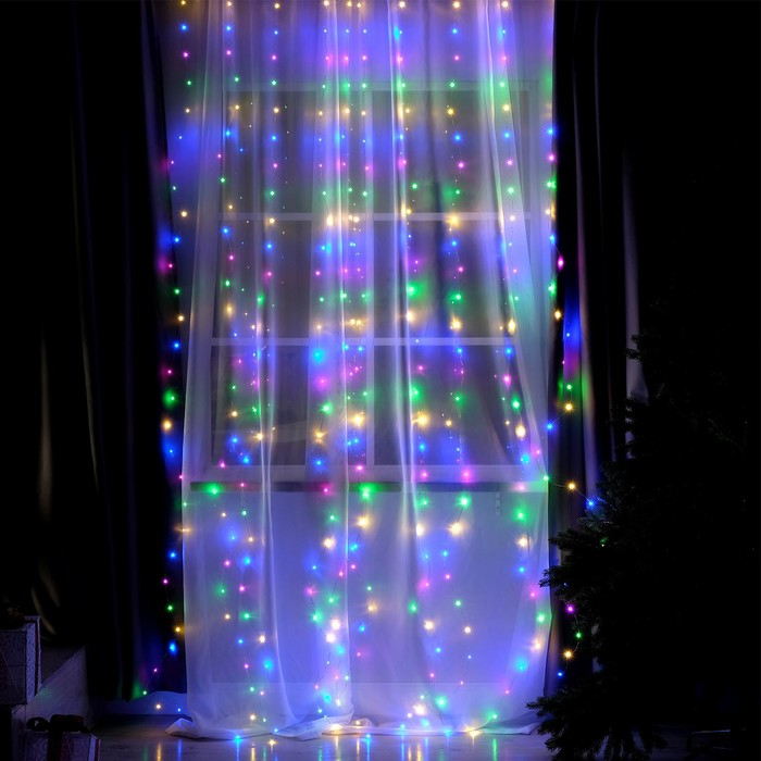 Гирлянда «Занавес» 2.8 × 3 м роса на крючках, с пультом, IP20, серебристая нить, 300 LED, свечение мульти, 8 режимов, USB Гирлянда «Занавес» 2.8 × 3 м роса на крючках, с пультом, IP20, серебристая нить, 300 LED, свечение мульти, 8 режимов, USB