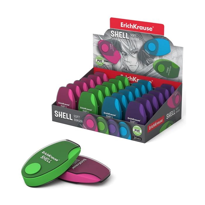 Ластик в пластиковом футляре ErichKrause Shell, мягкий, гипоаллергенный, МИКС Ластик в пластиковом футляре ErichKrause Shell, мягкий, гипоаллергенный, МИКС