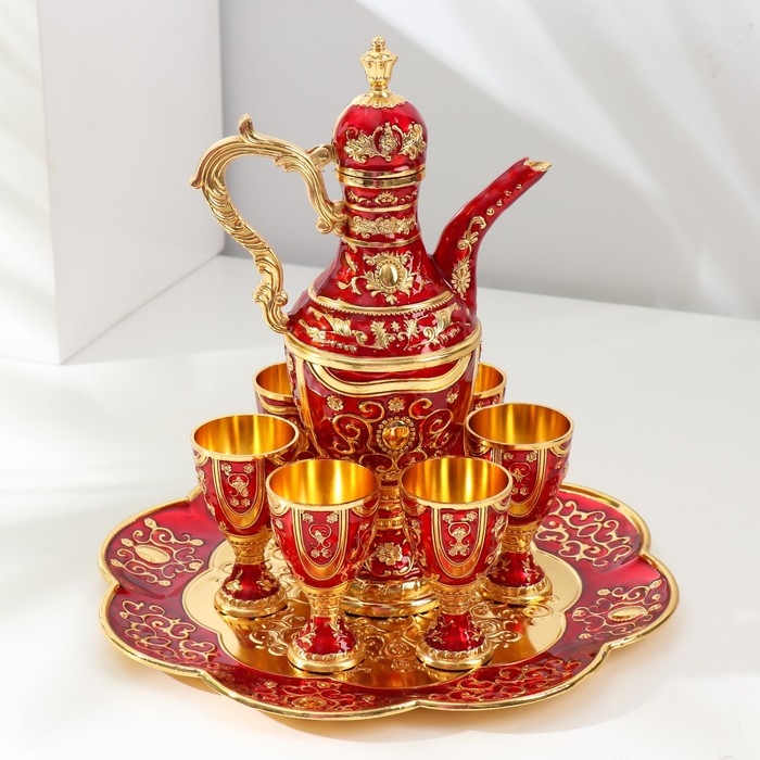 Набор винный кувшин, 6 бокалов и поднос  Набор винный кувшин, 6 бокалов и поднос "Турция. Цветы и узоры" красный с золотом