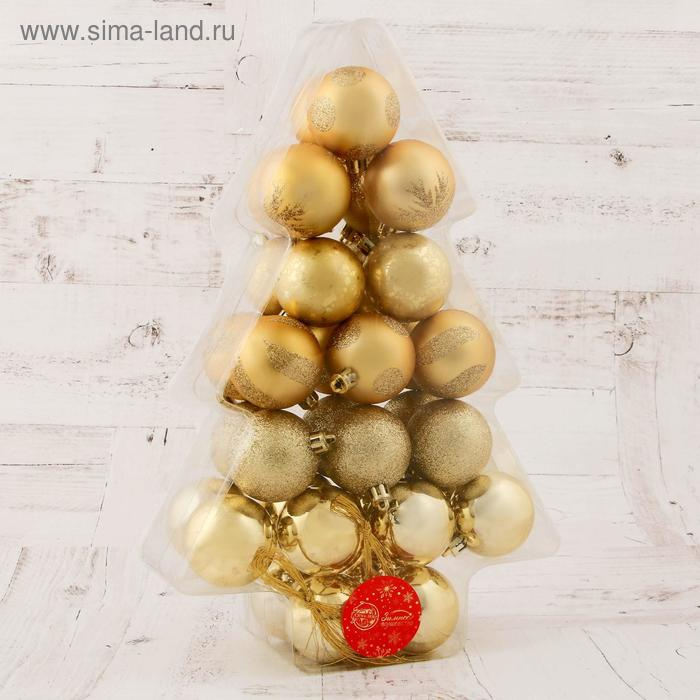 Набор шаров пластик d-5 см, 34 шт Набор шаров пластик d-5 см, 34 шт "Ёлочка - снежинки и горошины" золото
