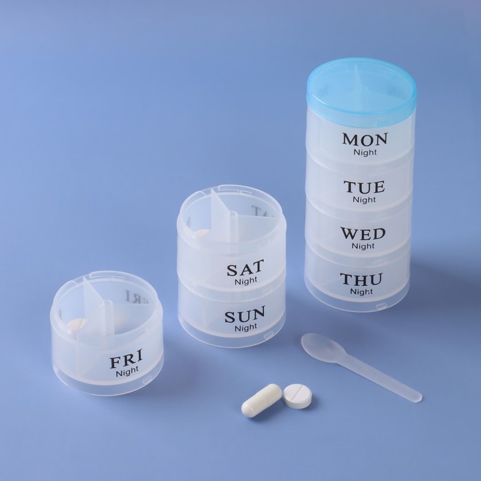 Таблетница - органайзер «Пирамида», английские буквы, утро/день/вечер, d = 19,5 × 5 см, 7 контейнеров по 3 секции, цвет МИКС Таблетница - органайзер «Пирамида», английские буквы, утро/день/вечер, d = 19,5 × 5 см, 7 контейнеров по 3 секции, цвет МИКС