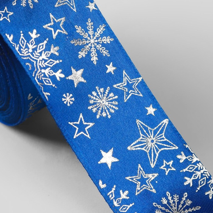 Лента атласная с тиснением «Снежинки», 40 мм, 23 ± 1 м, цвет синий/серебряный №122 Лента атласная с тиснением «Снежинки», 40 мм, 23 ± 1 м, цвет синий/серебряный №122