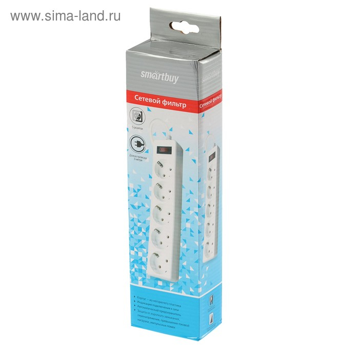 Сетевой фильтр Smartbuy, 5 розеток, 3 м, 10 А, 2200 Вт, с з/к, с выкл., белый Сетевой фильтр Smartbuy, 5 розеток, 3 м, 10 А, 2200 Вт, с з/к, с выкл., белый
