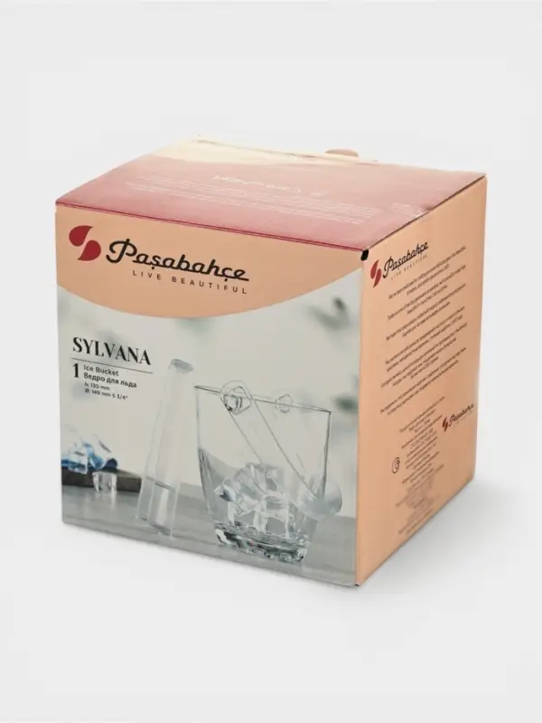 Ведро для льда с ручкой и щипцами Paşabah&ccedil;e Sylvana, 0.83 л, d=13 см, стекло, прозрачное