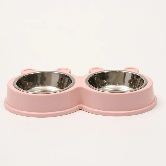 Миска металлическая двойная на пластиковой основе, 27,8 х 15,5 х 4 см, розовая Миска металлическая двойная на пластиковой основе, 27,8 х 15,5 х 4 см, розовая