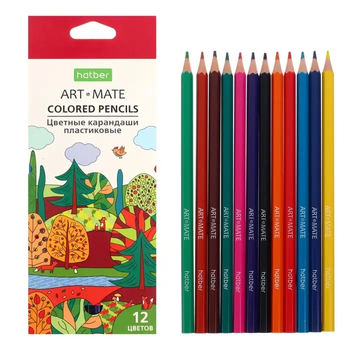 Карандаши цветные 12 цветов Hatber Mate пластиковые, с европодвесом