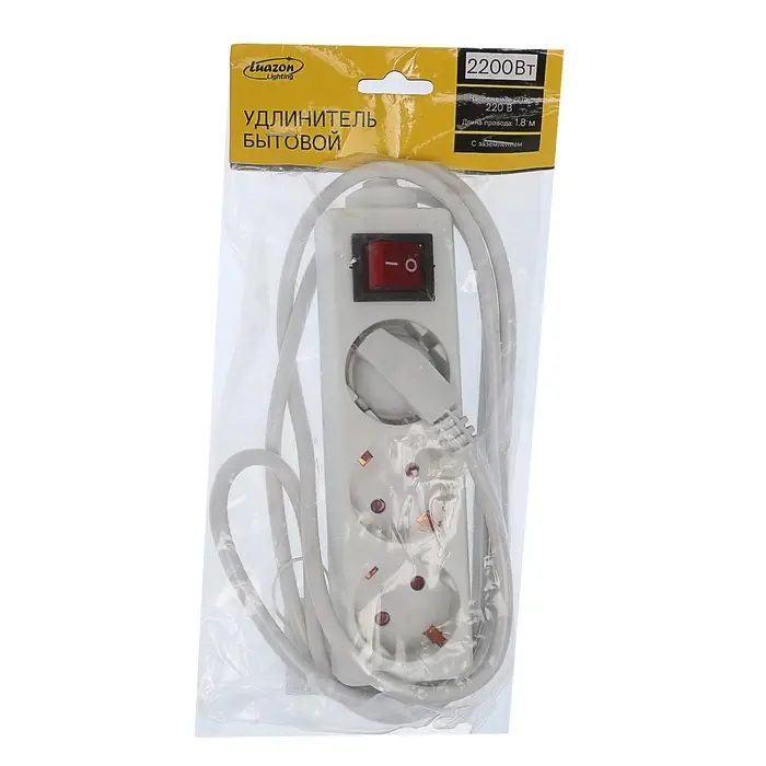 Удлинитель Luazon Lighting, 3 розетки, 1.8 м, 10 А, 2200 Вт, 3&times;1.5 мм2, с заземлением, с выключателем, белый