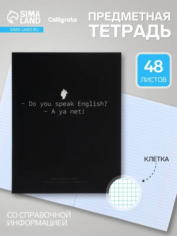 Предметная тетрадь по английскому языку Calligrata &laquo;На Чёрном&raquo;, серые листы, 48 листов, в клетку, со справочным материалом, обложка из мелованного картона