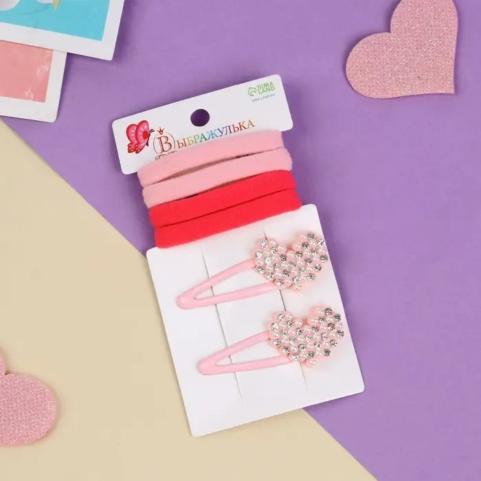 Набор для волос Набор для волос "Лили" (4 резинки 4 см, 2 невидимки 5 см) сердечки, розовый