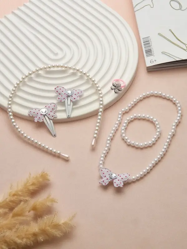 Набор детских украшений &laquo;Выбражулька. Бантик&raquo;, 6 предметов: ободок, заколки, бусы, браслет, кольцо, белый
