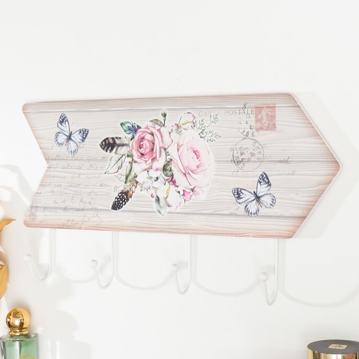 Крючки декоративные дерево Крючки декоративные дерево "Розы с перьями и бабочками" 5,5х39,5х23 см