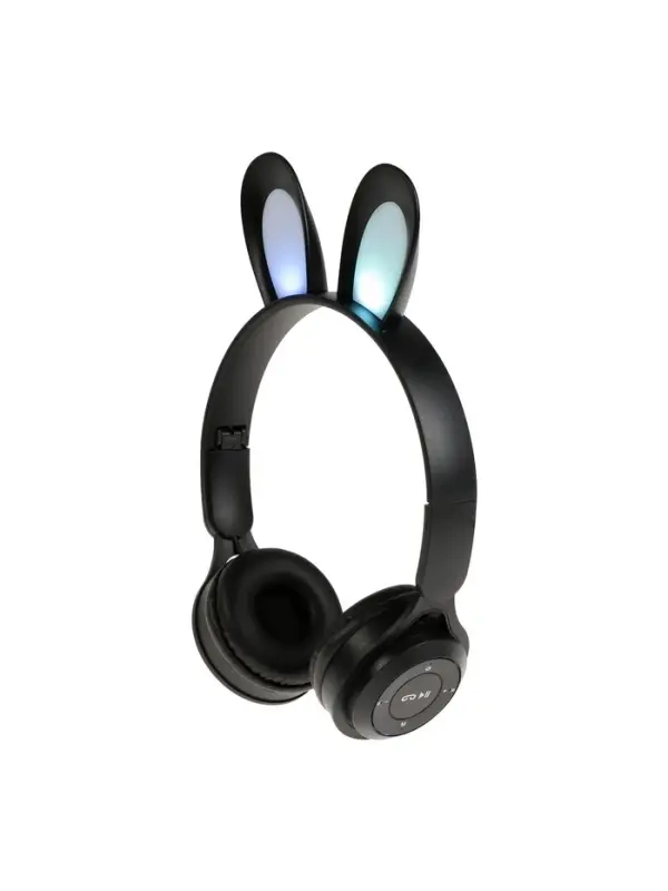 Наушники детские, беспроводные, накладные, с ушками зайца, Y08R, Bluetooth 5.1, с микрофоном, с подсветкой, 400 мАч, чёрные