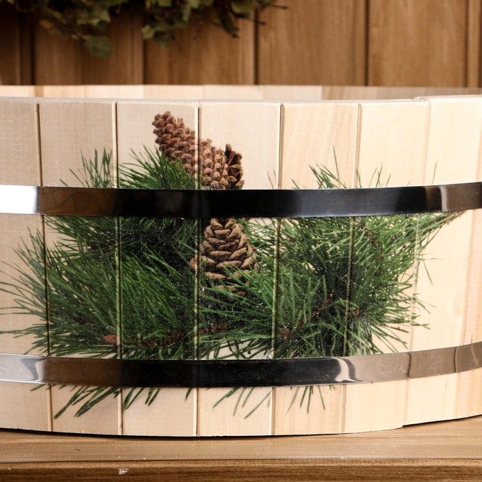 Шайка из липы, 12,5 л, нержавеющая вставка, нержавеющий обод, Шайка из липы, 12,5 л, нержавеющая вставка, нержавеющий обод, "Еловая ветка"