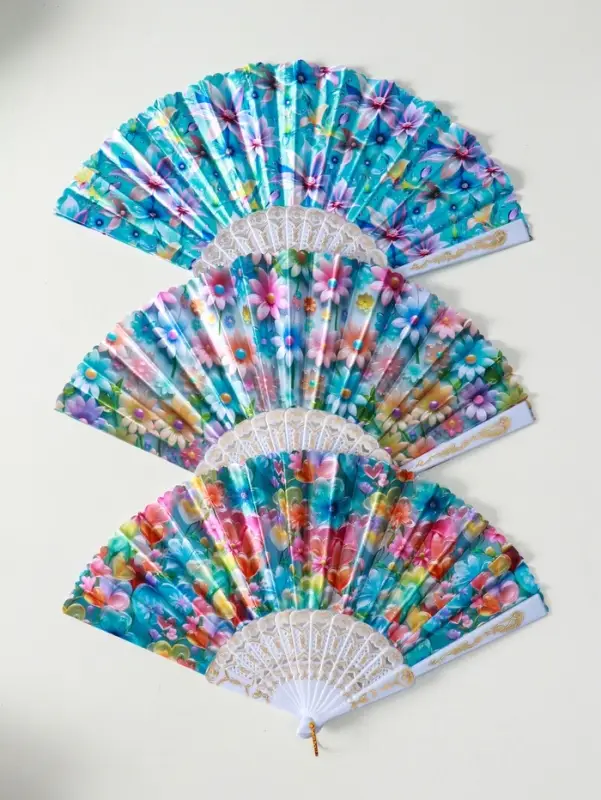 Веер пластик, текстиль Веер пластик, текстиль "Россыпь цветов" МИКС широкие лопасти 23 см