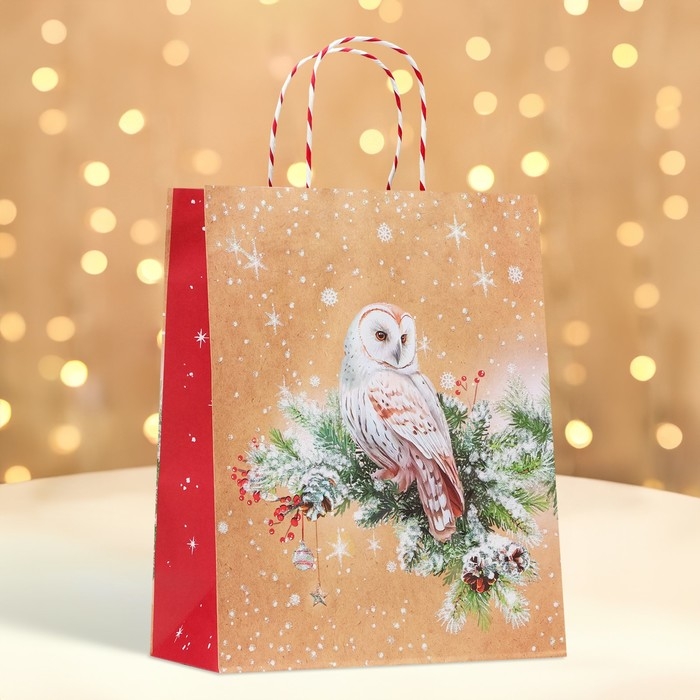 Новый год. Пакет бумажный подарочный новогодний крафт Новый год. Пакет бумажный подарочный новогодний крафт "Совушка" 26 х 32 х 12 см.