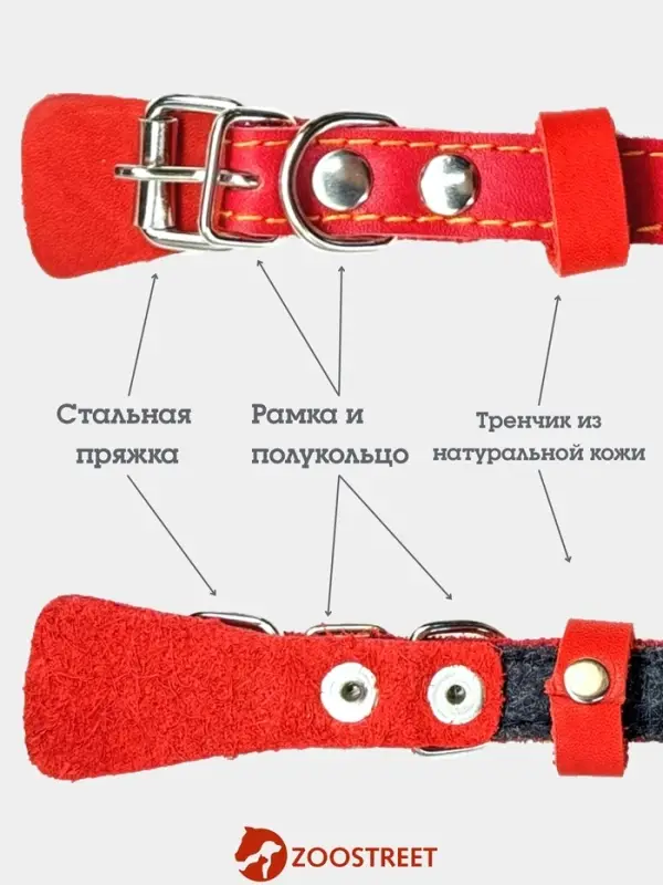 Ошейник, 35&times;1.5 см, подклад из ватина, кожа, красный