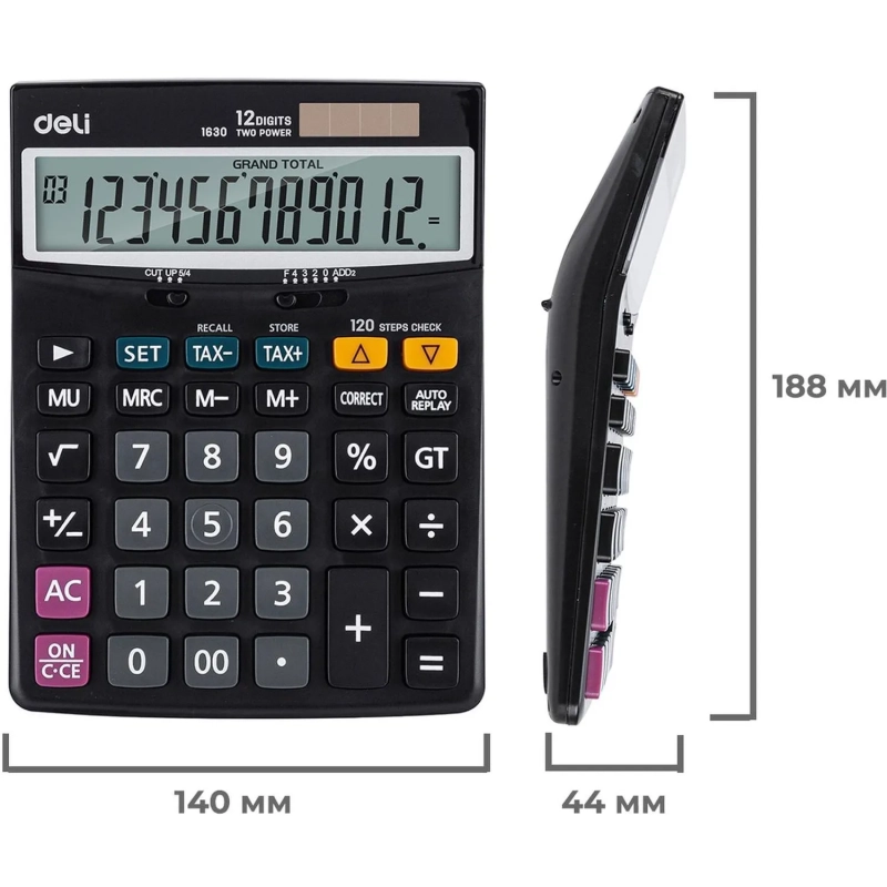 Калькулятор настольный ПОЛНОРАЗМ. Deli E1630, 12-р, дв.пит,188x140мм,черн