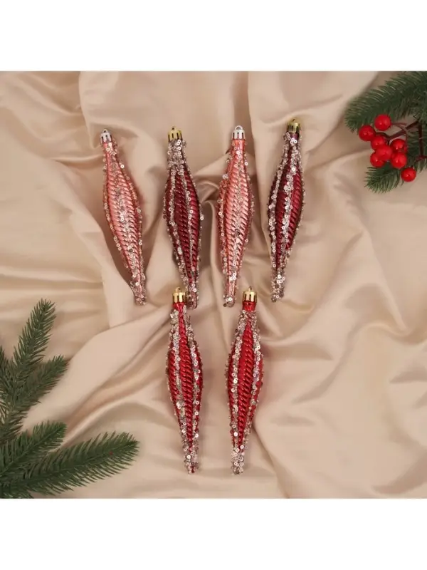 Ёлочные игрушка набор 6 шт. &laquo;Сосулька нить блеск&raquo; 15.5&times;3 см, розовый красный