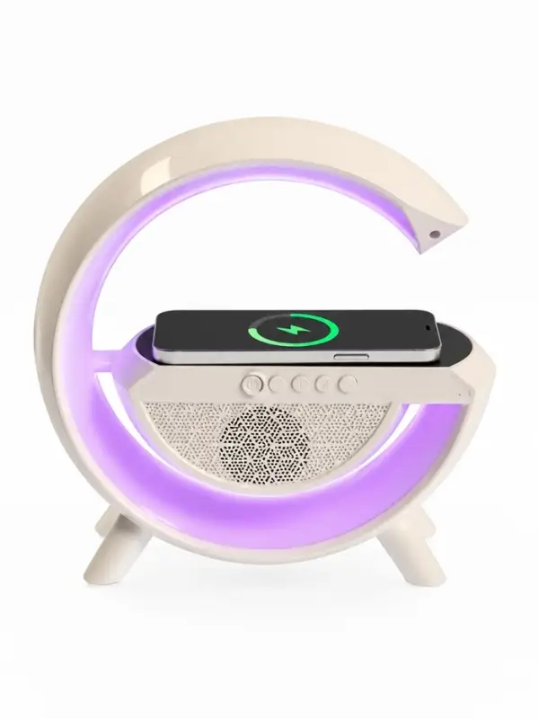 Колонка портативная - ночник, Bluetooth, беспроводная зарядка, часы, RGB-подсветка, 15 Вт, 3 А, белая