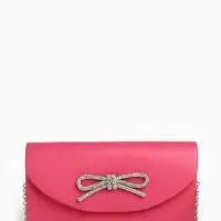 Сумка-клатч женская вечерняя на магните, на длинной цепочке, с декоративным бантом, розовая