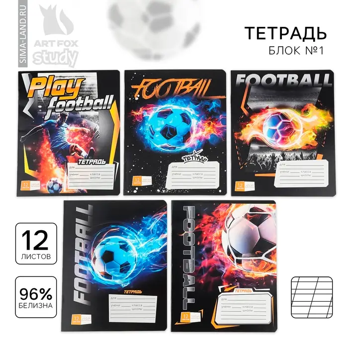 Тетрадь 12 листов в косую линейку, А5, на скрепке, блок №1 &laquo;Мяч&raquo; МИКС