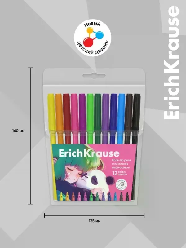 Фломастеры ErichKrause Panda Hugs, 12 цветов, в футляре с европодвесом